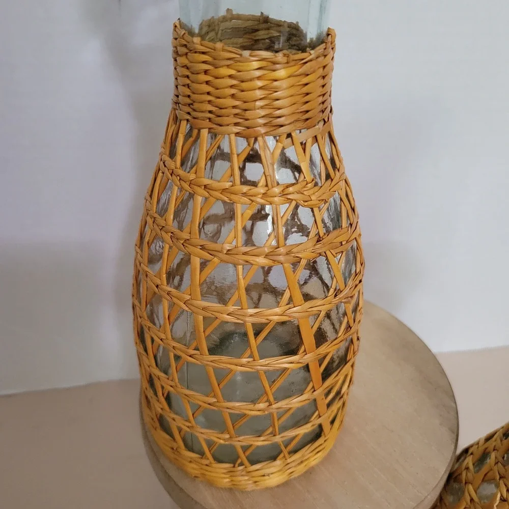 Amici Italy Set of 2 Hand Blown Recycled Glass‎ Vases Carafe Wicker Rattan Wrap